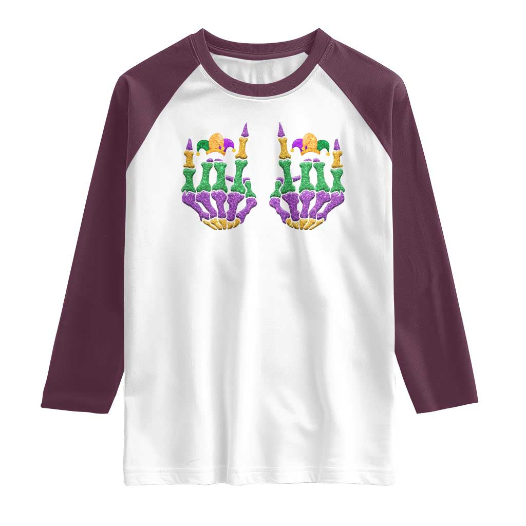 Mardi Gras Raglan Shirt Jester Skeleton Rock Hand Fat Tuesday Festival TS09 White Maroon Print Your Wear