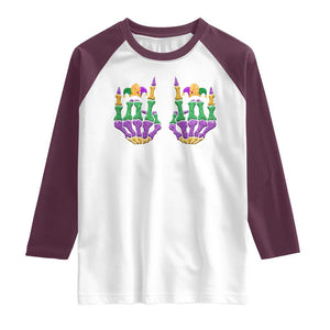 Mardi Gras Raglan Shirt Jester Skeleton Rock Hand Fat Tuesday Festival TS09 White Maroon Print Your Wear