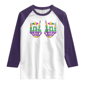 Mardi Gras Raglan Shirt Jester Skeleton Rock Hand Fat Tuesday Festival TS09 White Purple Print Your Wear