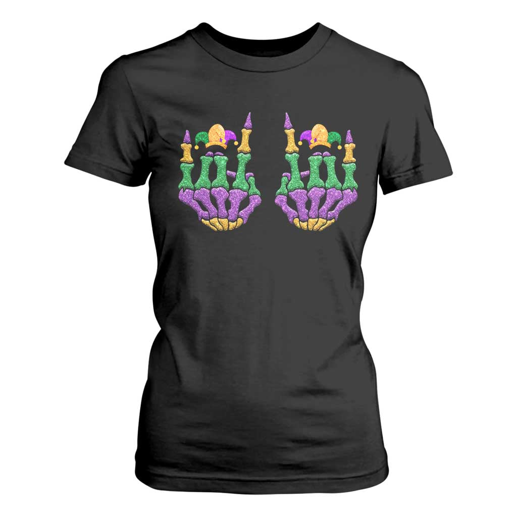 Mardi Gras T Shirt For Women Jester Skeleton Rock Hand Fat Tuesday Festival TS09 Black Print Your Wear