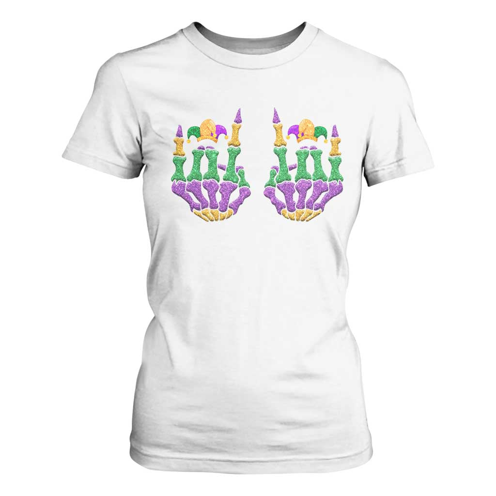 Mardi Gras T Shirt For Women Jester Skeleton Rock Hand Fat Tuesday Festival TS09 White Print Your Wear