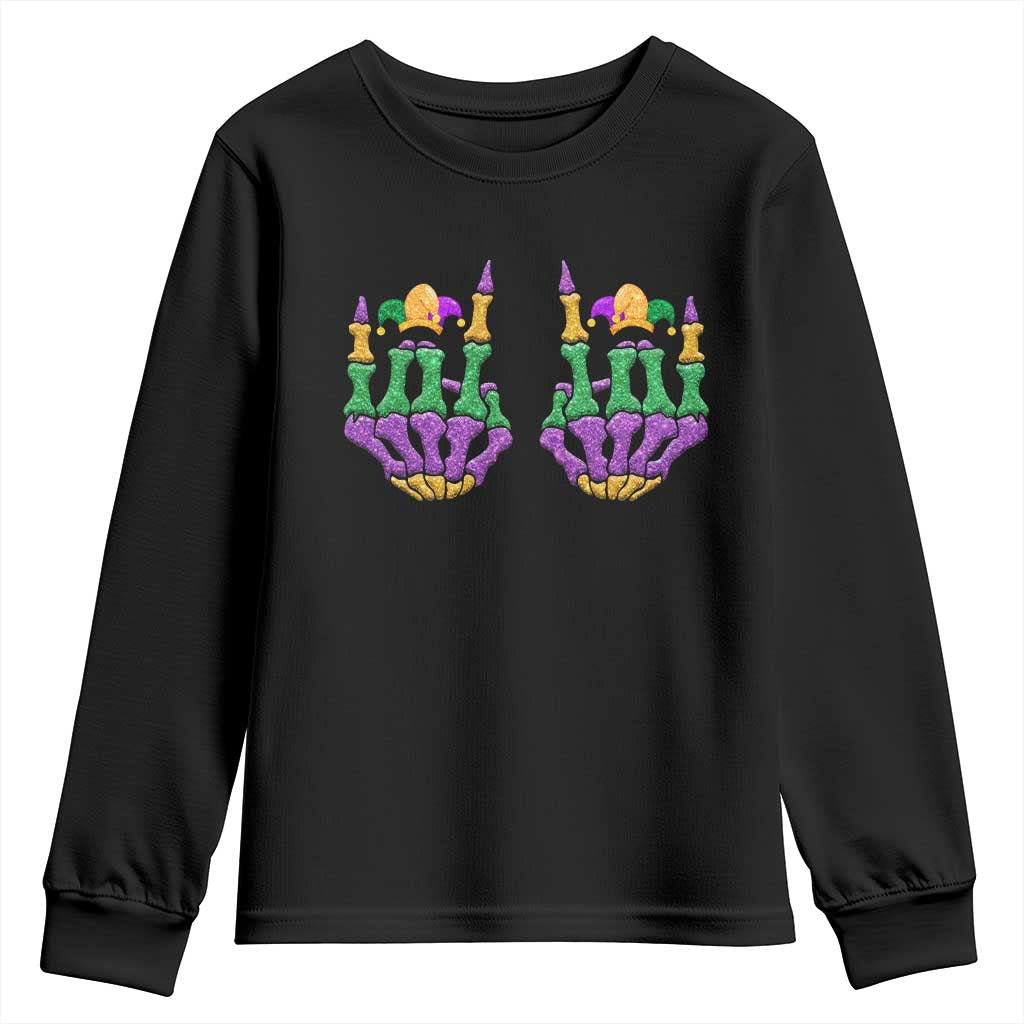 Mardi Gras Youth Sweatshirt Jester Skeleton Rock Hand Fat Tuesday Festival TS09 Black Print Your Wear