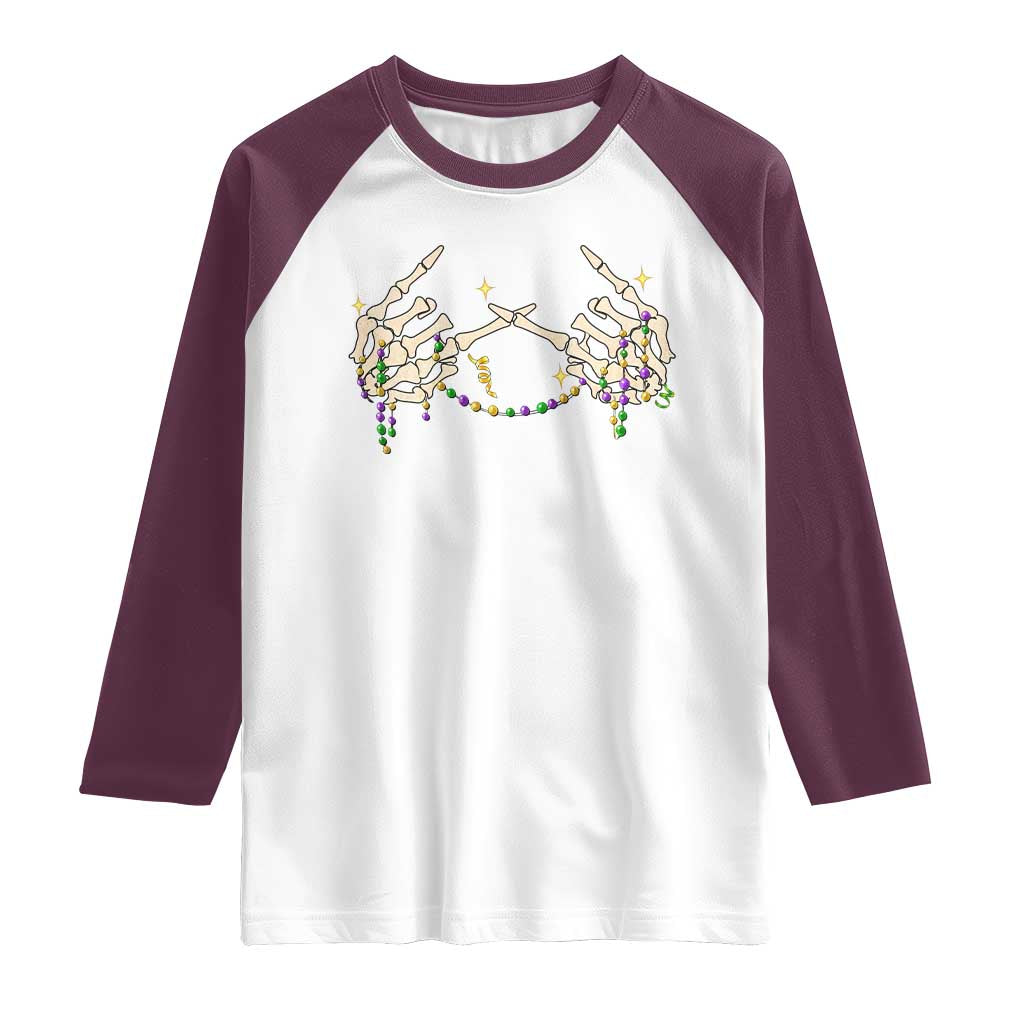 Mardi Gras Raglan Shirt Skeleton Rock Hand Beads Fat Tuesday Festival TS09 White Maroon Print Your Wear