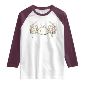 Mardi Gras Raglan Shirt Skeleton Rock Hand Beads Fat Tuesday Festival TS09 White Maroon Print Your Wear