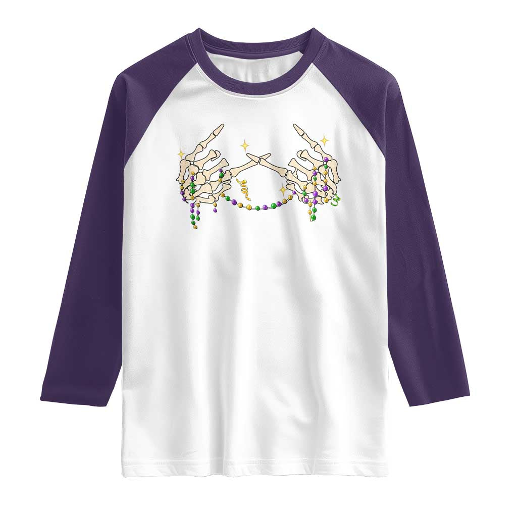 Mardi Gras Raglan Shirt Skeleton Rock Hand Beads Fat Tuesday Festival TS09 White Purple Print Your Wear