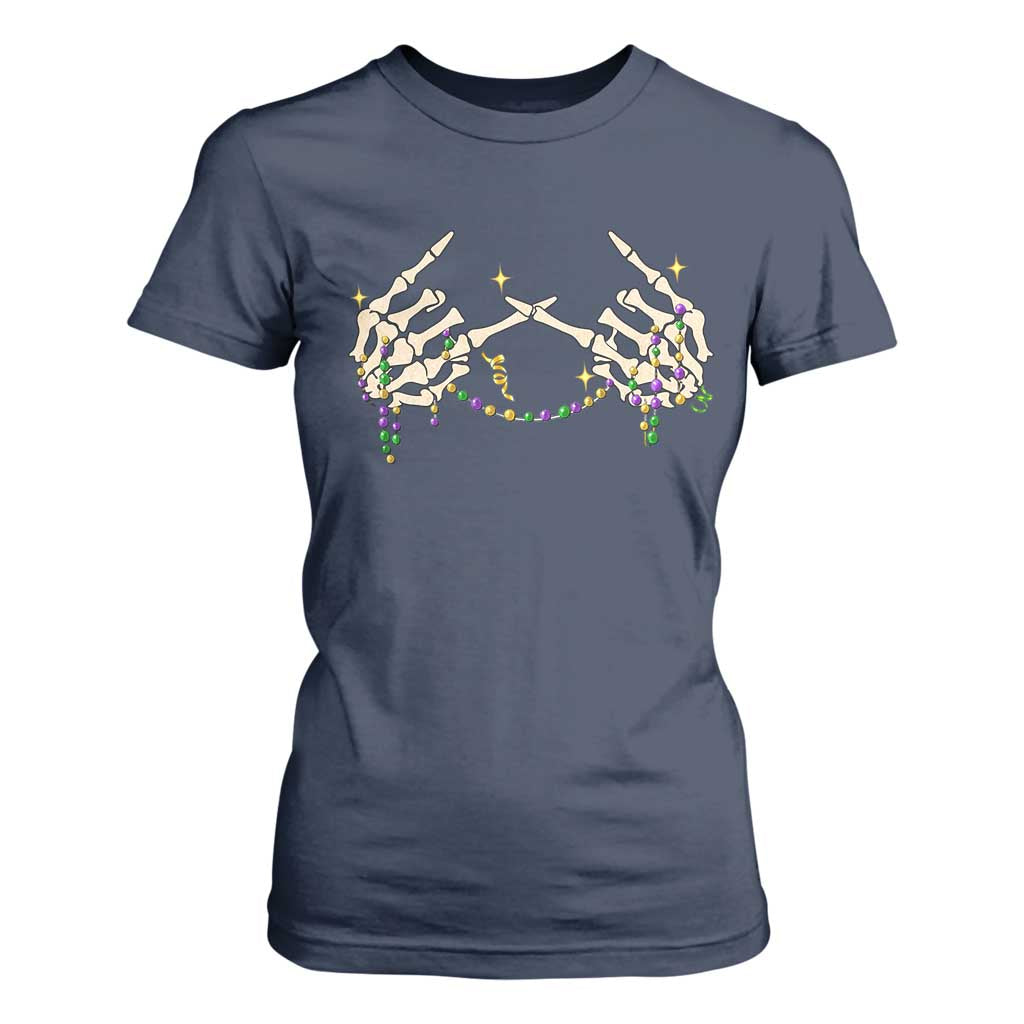 Mardi Gras T Shirt For Women Skeleton Rock Hand Beads Fat Tuesday Festival TS09 Navy Print Your Wear