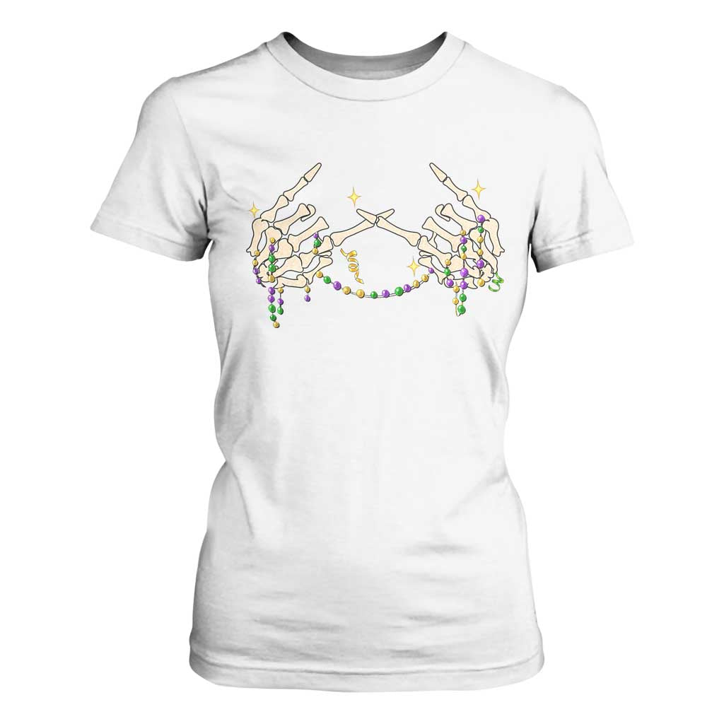 Mardi Gras T Shirt For Women Skeleton Rock Hand Beads Fat Tuesday Festival TS09 White Print Your Wear