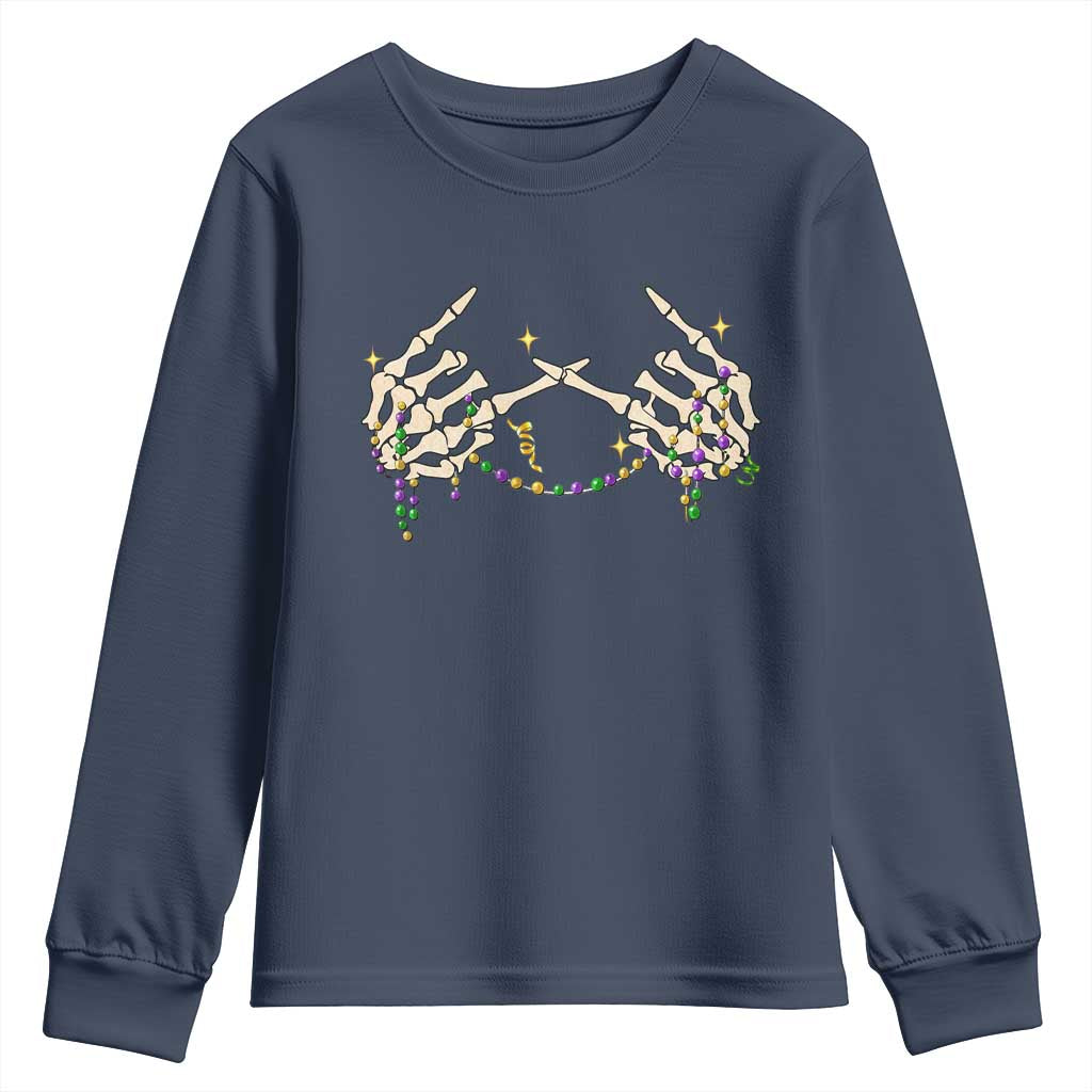 Mardi Gras Youth Sweatshirt Skeleton Rock Hand Beads Fat Tuesday Festival TS09 Navy Print Your Wear
