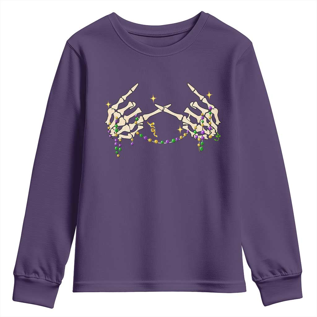 Mardi Gras Youth Sweatshirt Skeleton Rock Hand Beads Fat Tuesday Festival TS09 Purple Print Your Wear