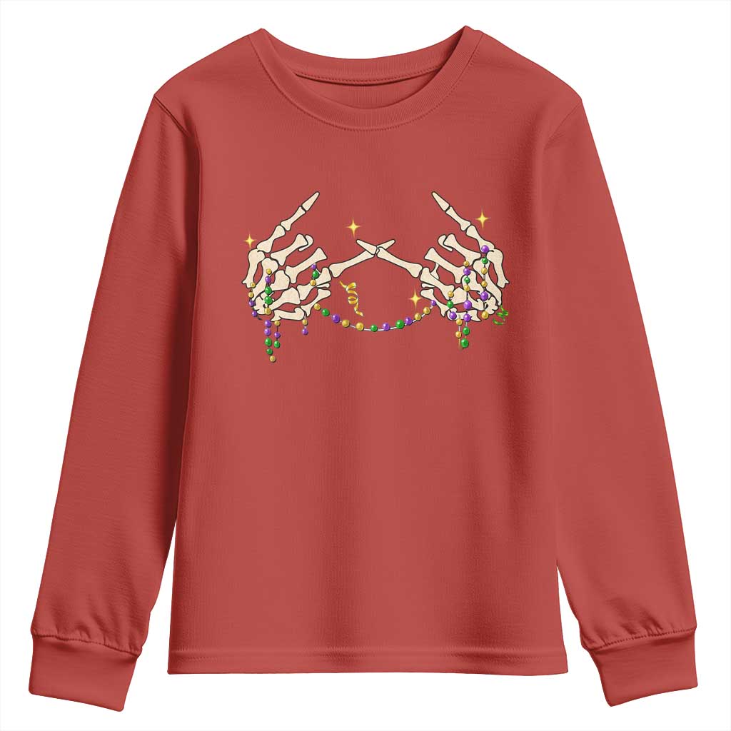 Mardi Gras Youth Sweatshirt Skeleton Rock Hand Beads Fat Tuesday Festival TS09 Red Print Your Wear