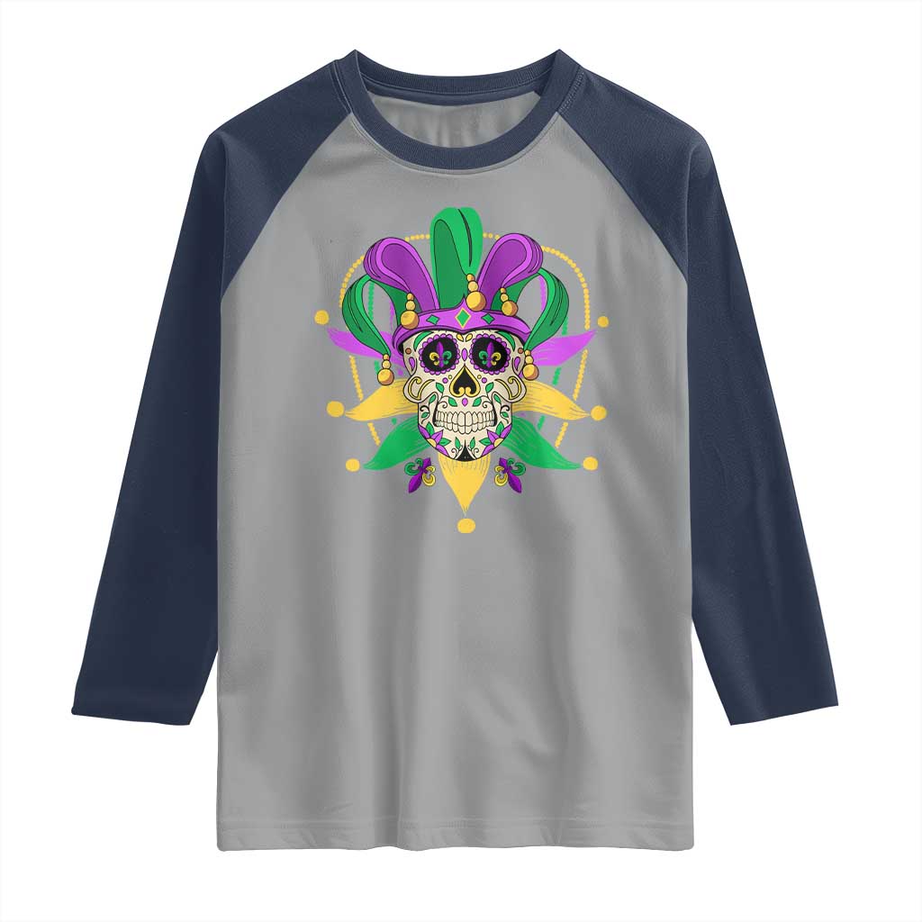 Mardi Gras Funny Sugar Skull Fat Tuesday New Orleans Raglan Shirt TS09 Sport Gray Navy Print Your Wear