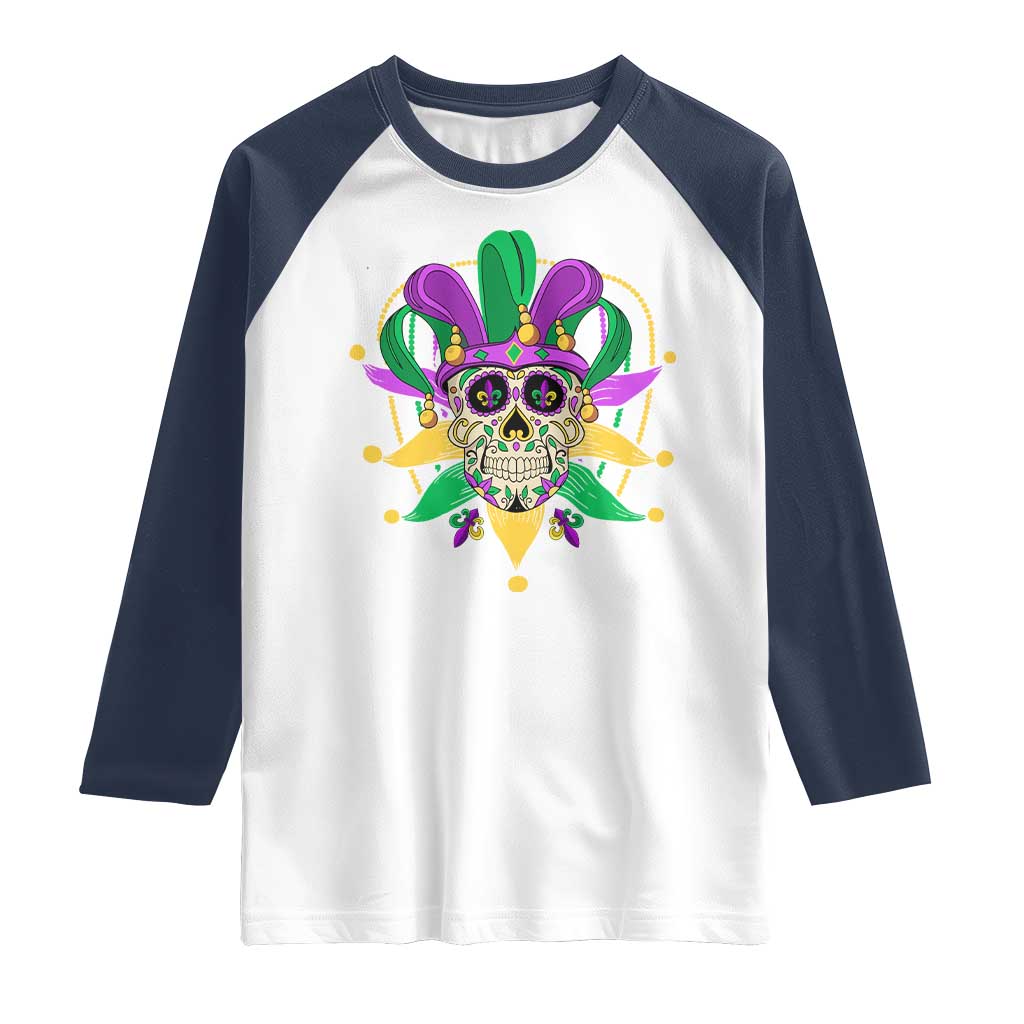 Mardi Gras Funny Sugar Skull Fat Tuesday New Orleans Raglan Shirt TS09 White Navy Print Your Wear