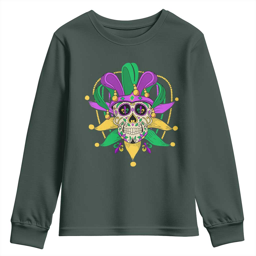 Mardi Gras Funny Sugar Skull Fat Tuesday New Orleans Youth Sweatshirt TS09 Dark Forest Green Print Your Wear