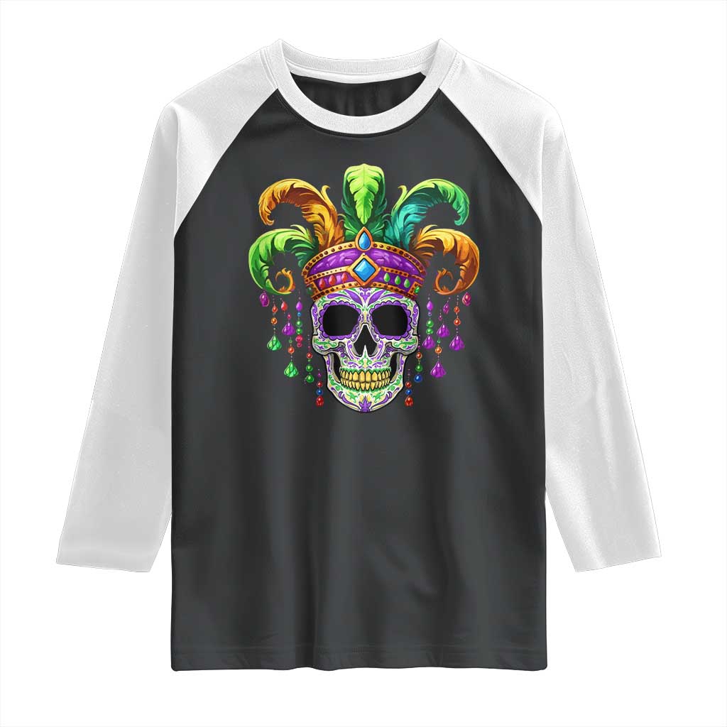 Mardi Gras Beads Sugar Skull Fat Tuesday New Orleans Raglan Shirt TS09 Black White Print Your Wear