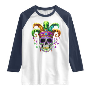 Mardi Gras Beads Sugar Skull Fat Tuesday New Orleans Raglan Shirt TS09 White Navy Print Your Wear