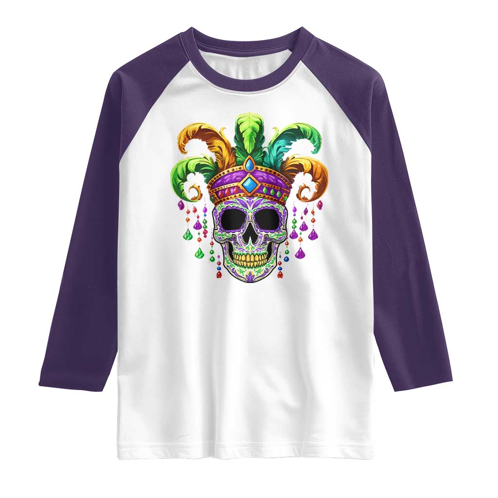 Mardi Gras Beads Sugar Skull Fat Tuesday New Orleans Raglan Shirt TS09 White Purple Print Your Wear