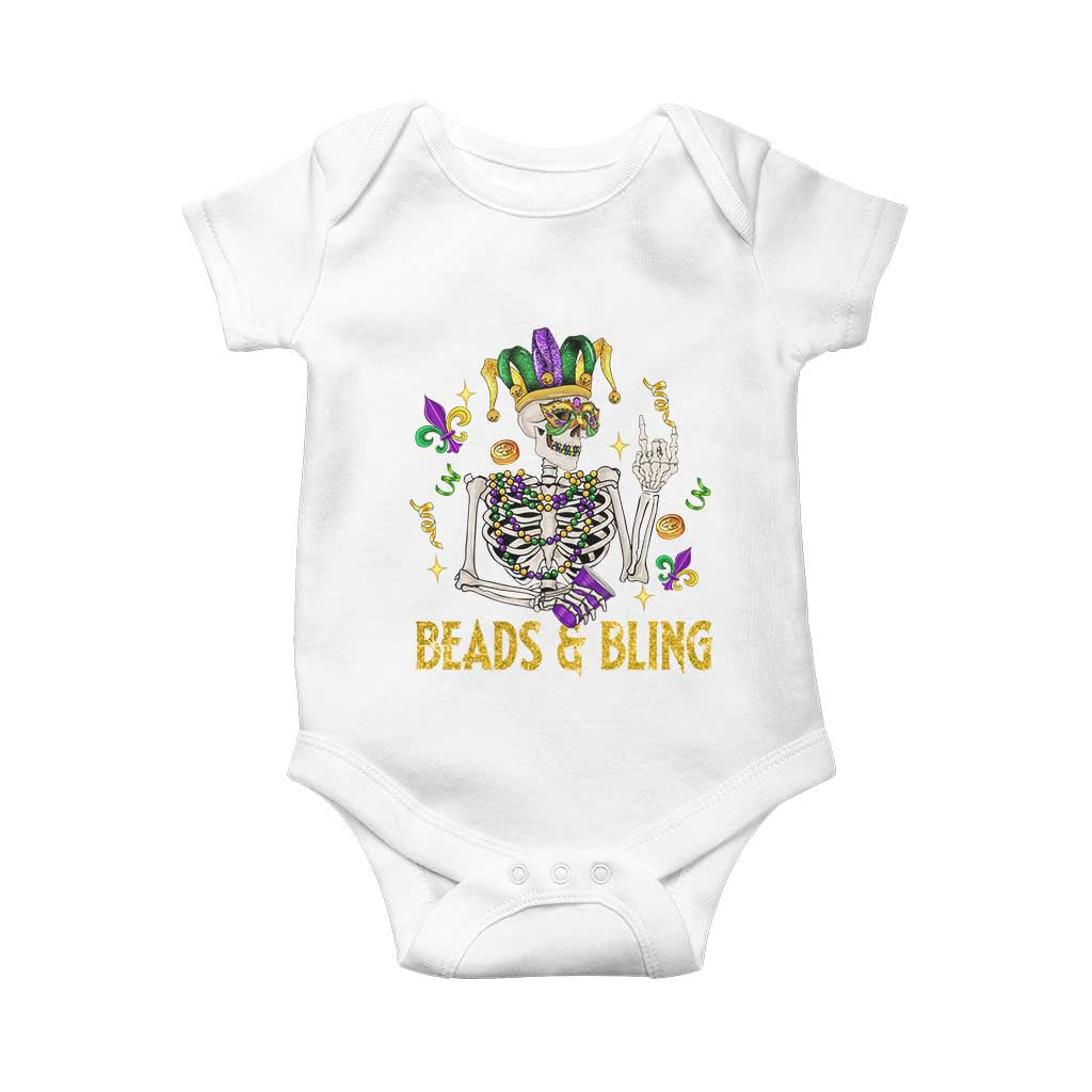 Mardi Gras Funny Skeleton Beads And Bling Baby Onesie TS09 White Print Your Wear