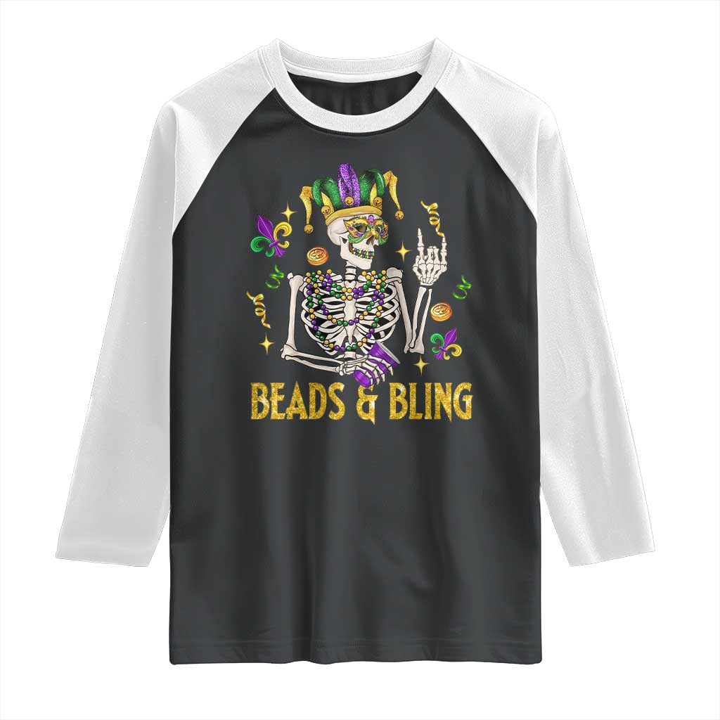 Mardi Gras Funny Skeleton Beads And Bling Raglan Shirt TS09 Black White Print Your Wear