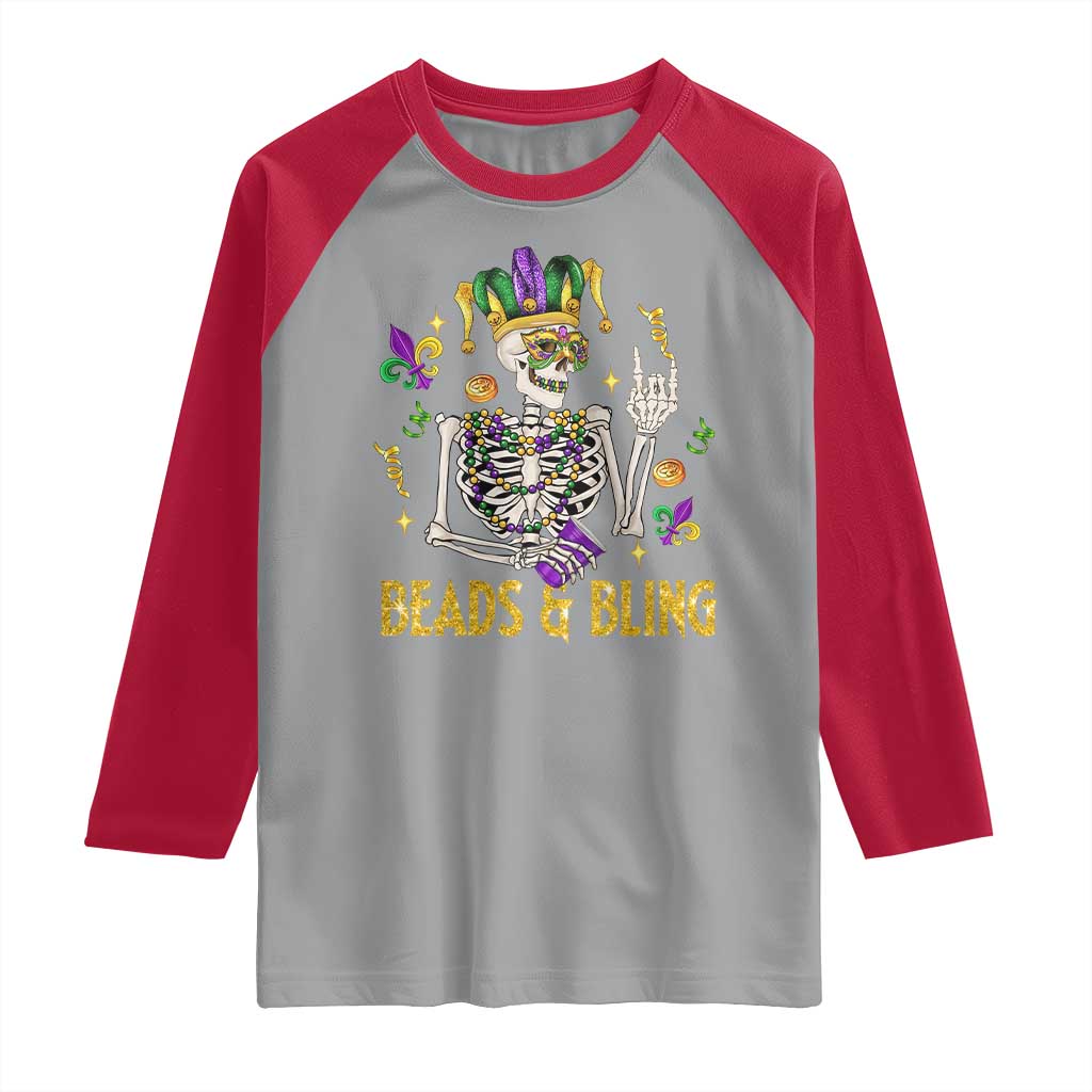 Mardi Gras Funny Skeleton Beads And Bling Raglan Shirt TS09 Sport Gray Red Print Your Wear