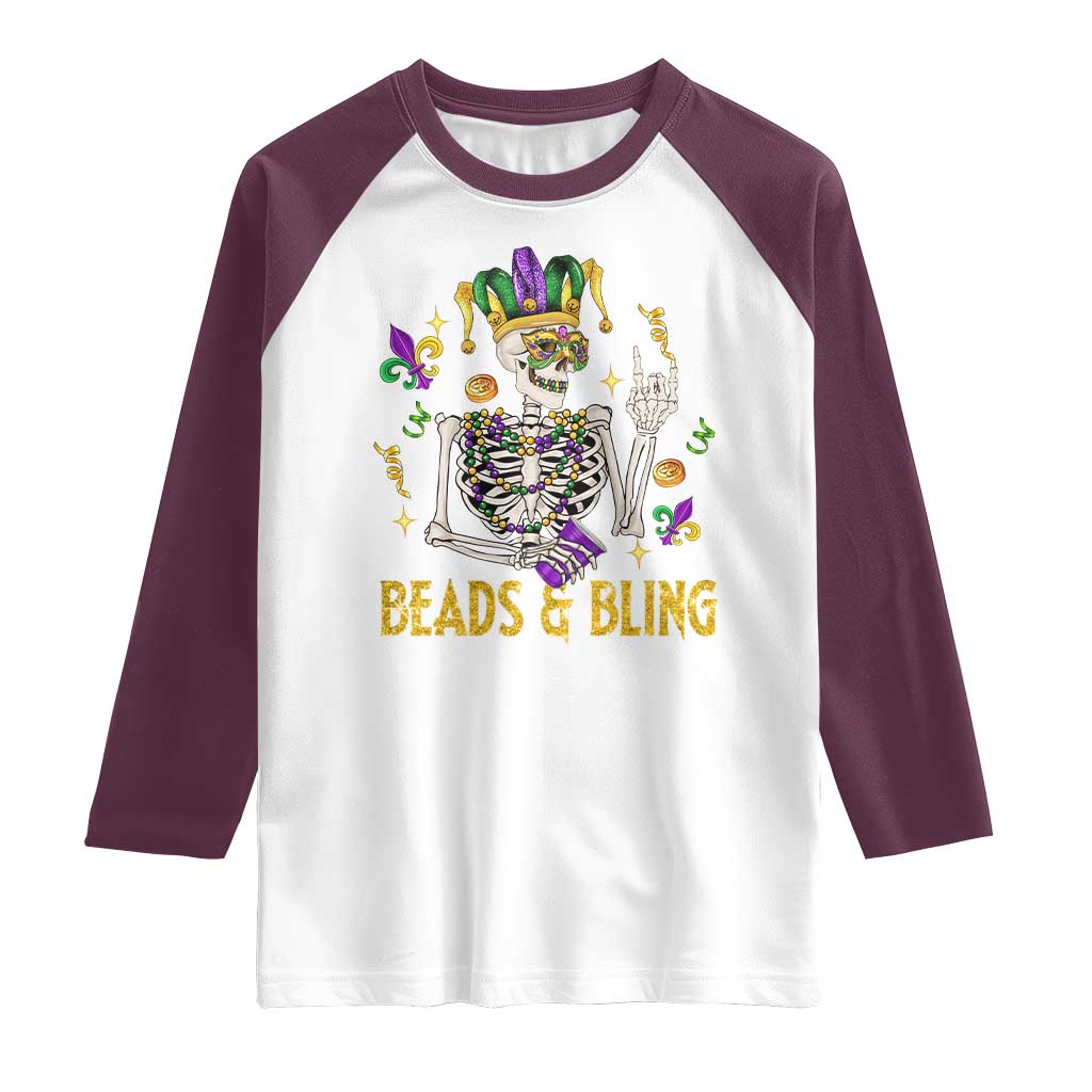 Mardi Gras Funny Skeleton Beads And Bling Raglan Shirt TS09 White Maroon Print Your Wear