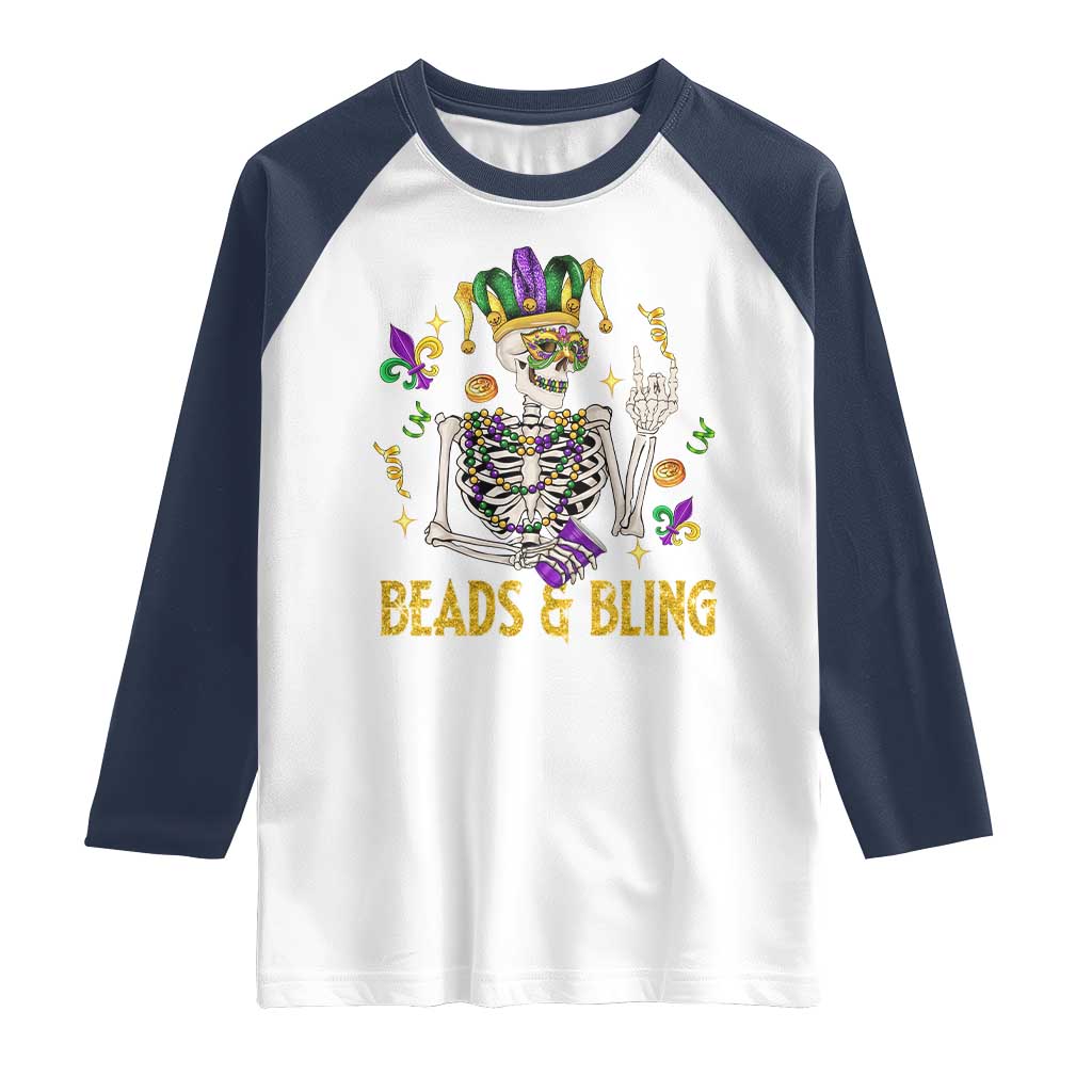 Mardi Gras Funny Skeleton Beads And Bling Raglan Shirt TS09 White Navy Print Your Wear