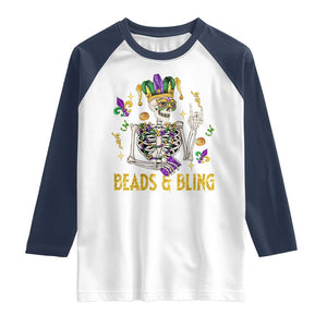 Mardi Gras Funny Skeleton Beads And Bling Raglan Shirt TS09 White Navy Print Your Wear
