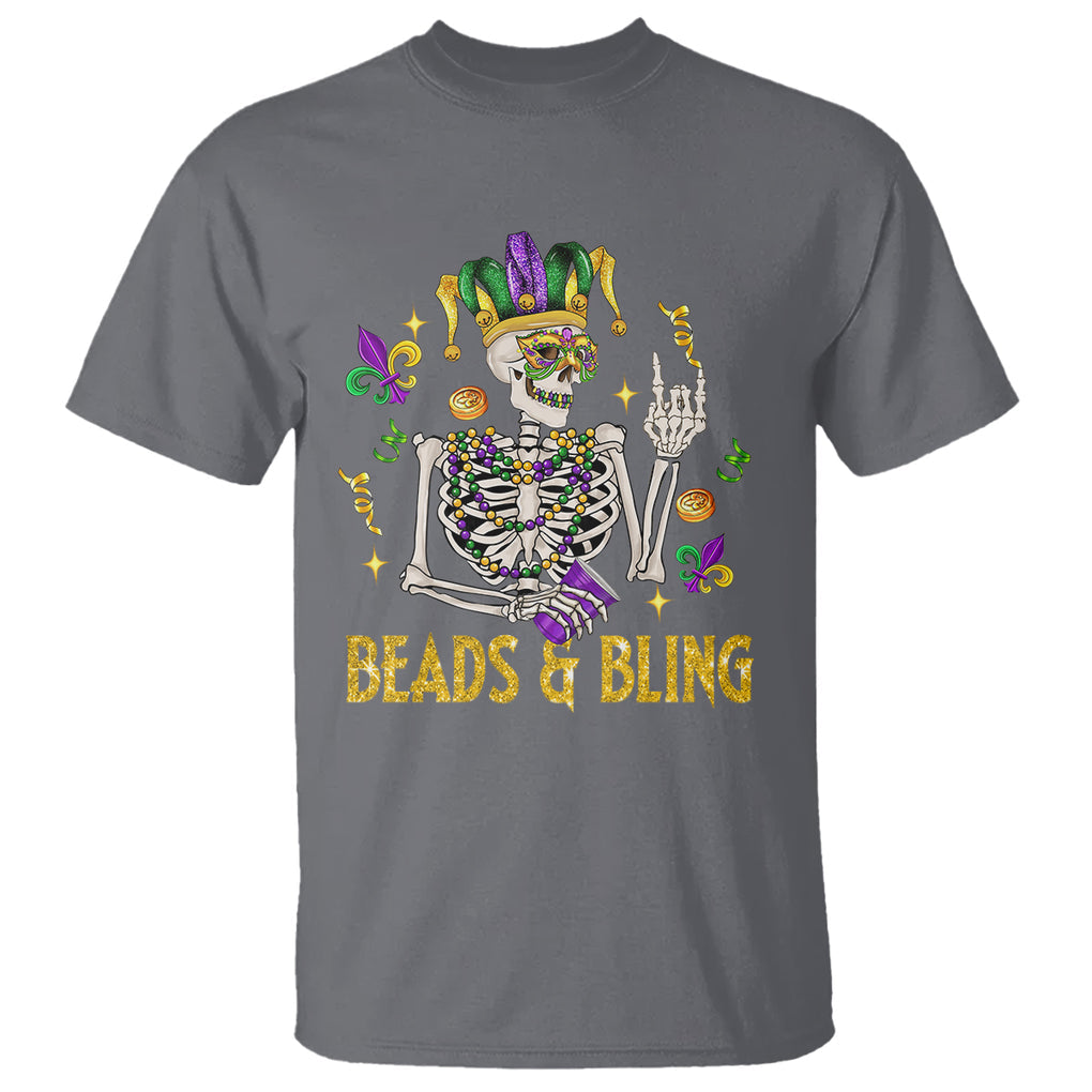 Mardi Gras Funny Skeleton Beads And Bling T Shirt TS09 Charcoal Printyourwear
