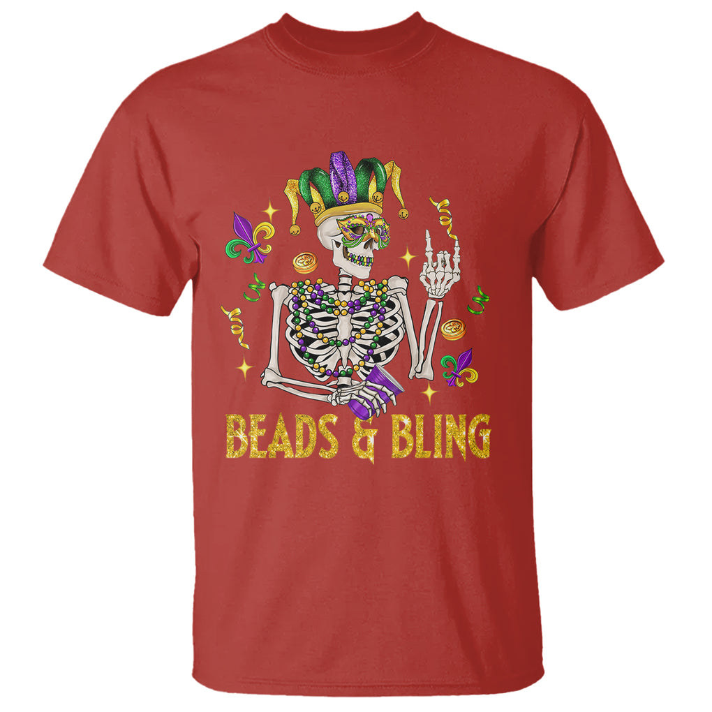 Mardi Gras Funny Skeleton Beads And Bling T Shirt TS09 Red Printyourwear