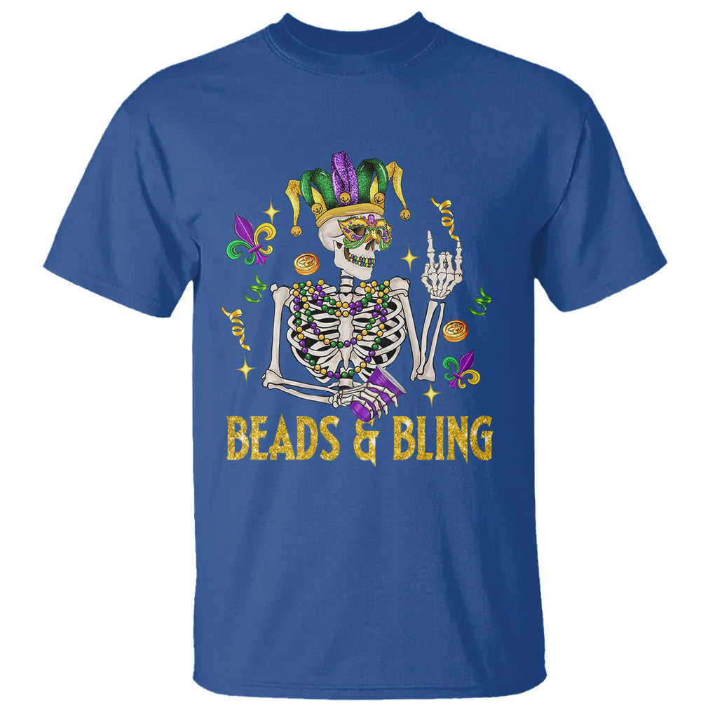Mardi Gras Funny Skeleton Beads And Bling T Shirt TS09 Royal Blue Printyourwear