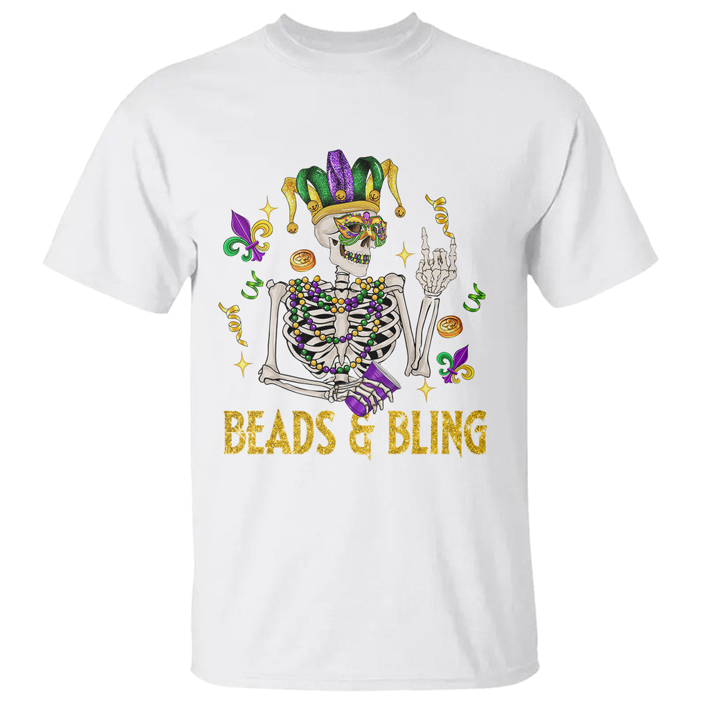 Mardi Gras Funny Skeleton Beads And Bling T Shirt TS09 White Printyourwear