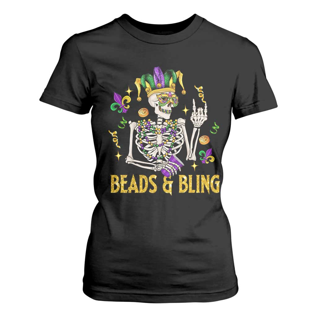 Mardi Gras Funny Skeleton Beads And Bling T Shirt For Women TS09 Black Print Your Wear