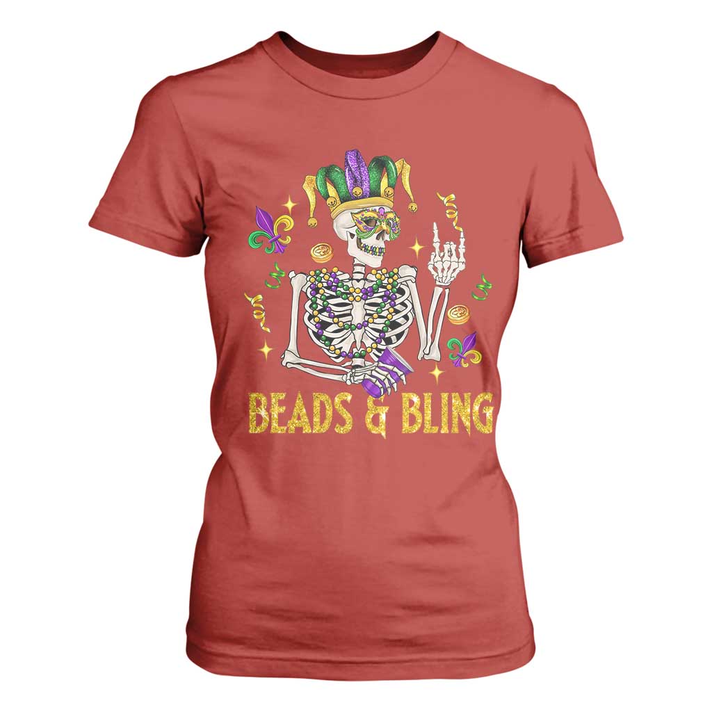 Mardi Gras Funny Skeleton Beads And Bling T Shirt For Women TS09 Red Print Your Wear