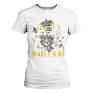 Mardi Gras Funny Skeleton Beads And Bling T Shirt For Women TS09 White Print Your Wear