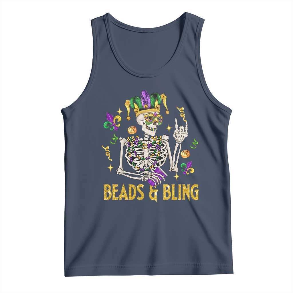 Mardi Gras Funny Skeleton Beads And Bling Tank Top TS09 Navy Print Your Wear