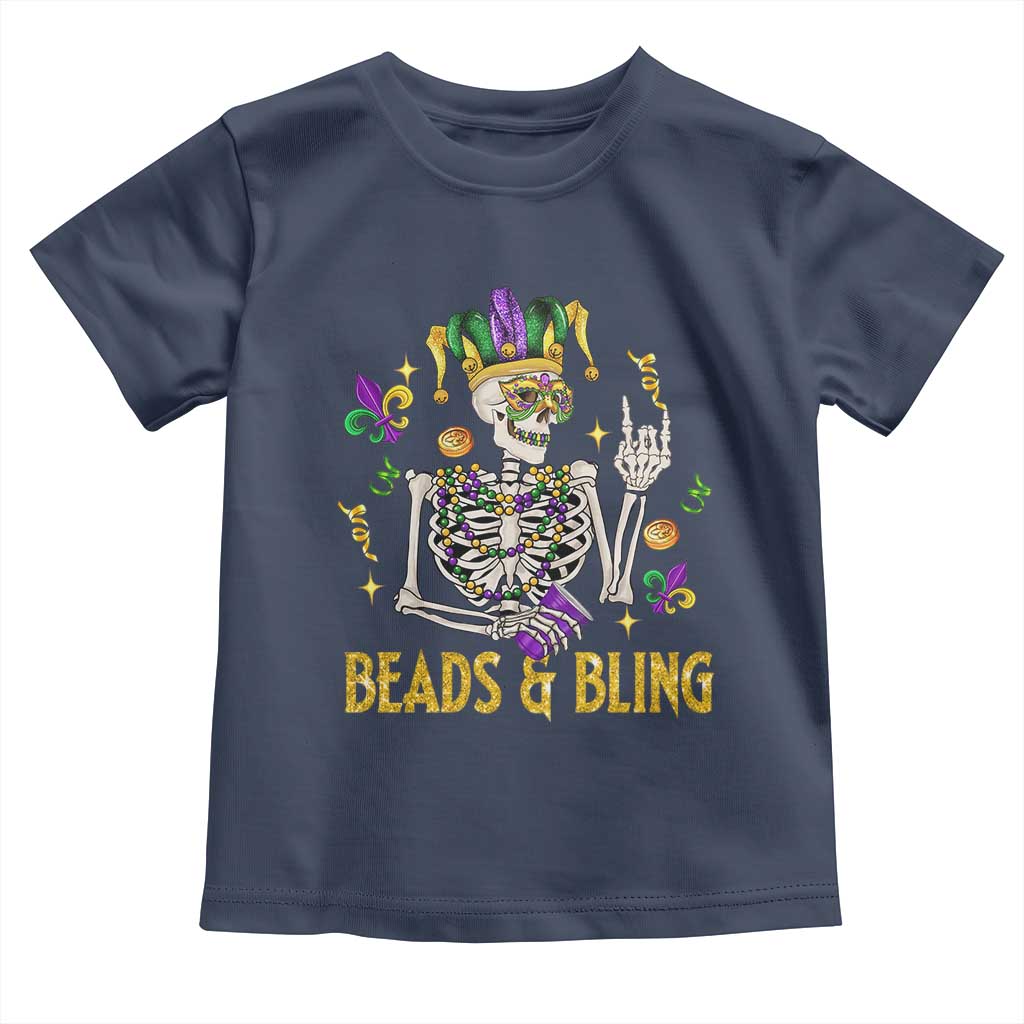 Mardi Gras Funny Skeleton Beads And Bling Toddler T Shirt TS09 Navy Print Your Wear