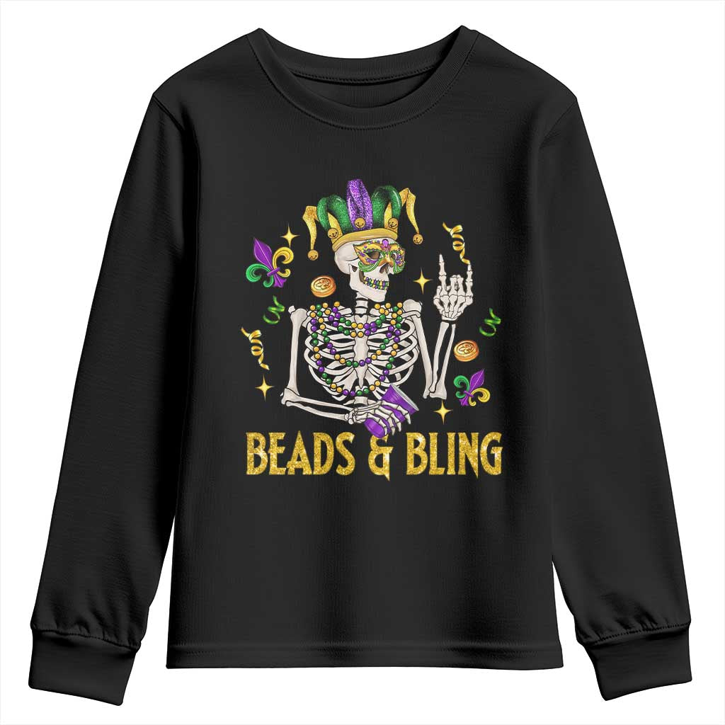 Mardi Gras Funny Skeleton Beads And Bling Youth Sweatshirt TS09 Black Print Your Wear