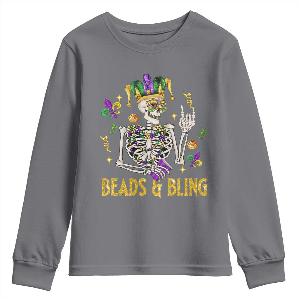 Mardi Gras Funny Skeleton Beads And Bling Youth Sweatshirt TS09 Charcoal Print Your Wear