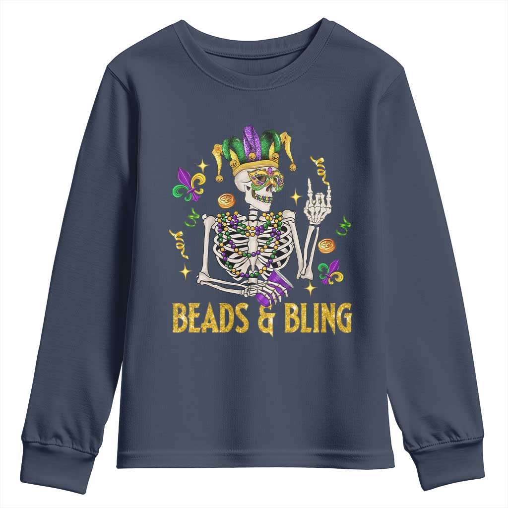 Mardi Gras Funny Skeleton Beads And Bling Youth Sweatshirt TS09 Navy Print Your Wear