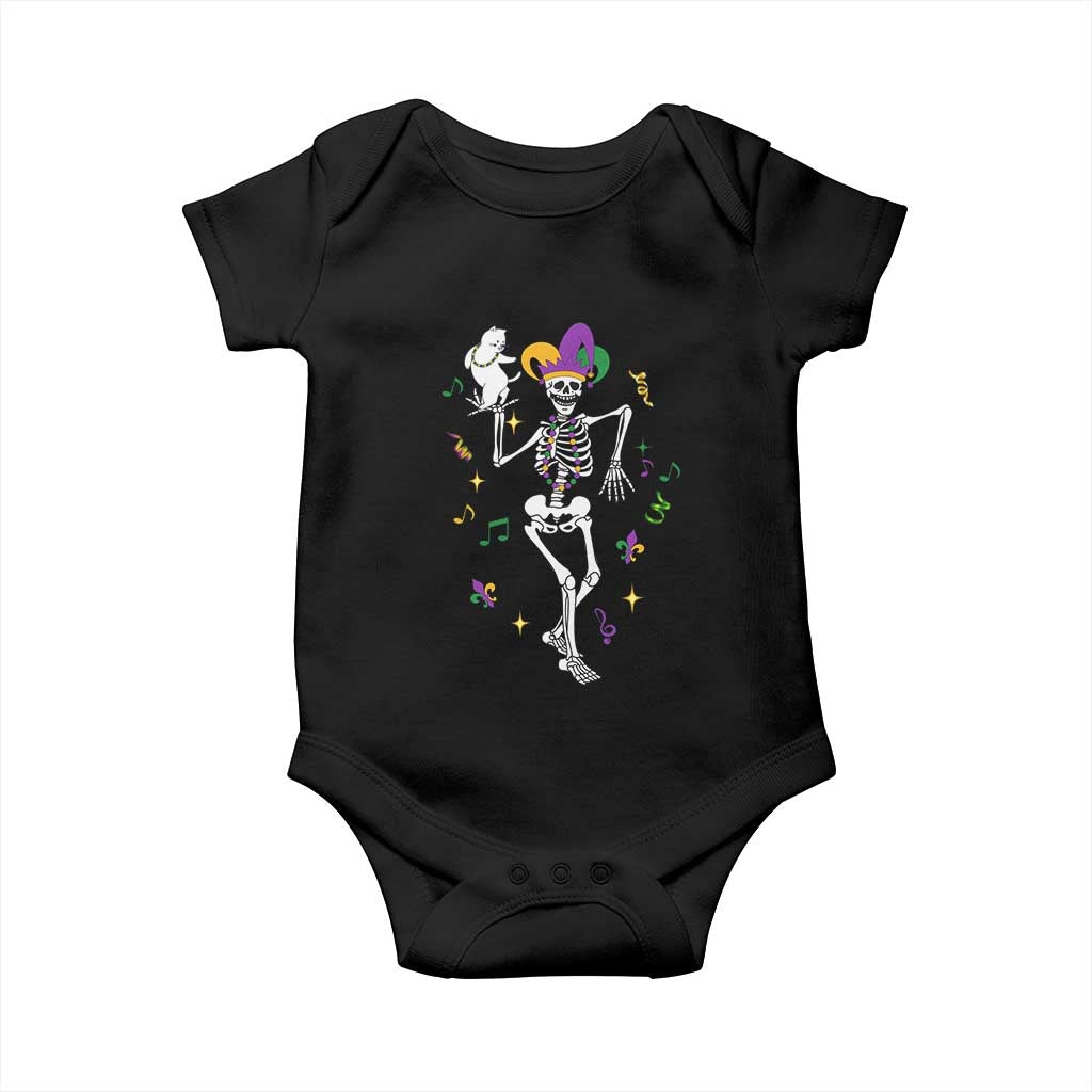 Mardi Gras Funny Jester Skeleton Dancing With Cat Baby Onesie TS09 Black Print Your Wear