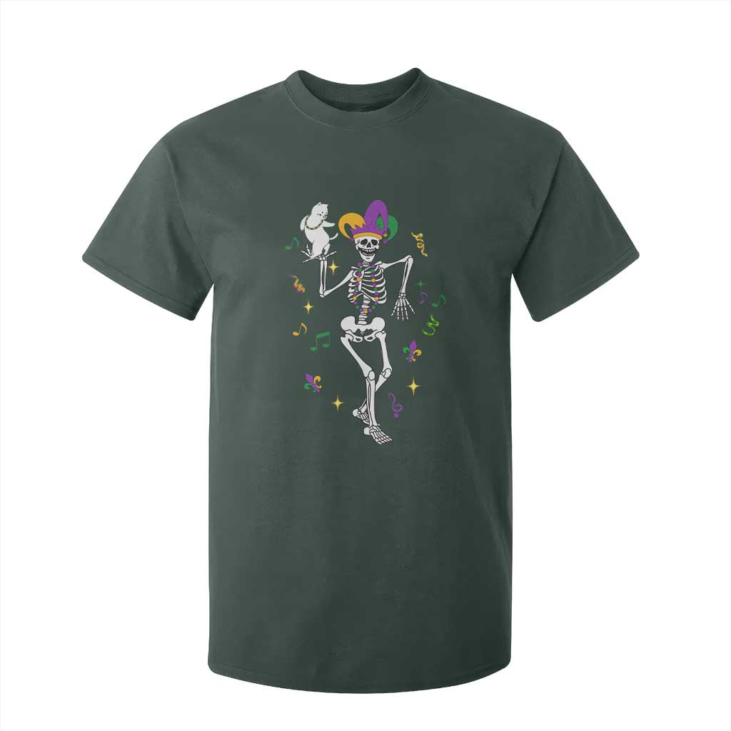 Mardi Gras Funny Jester Skeleton Dancing With Cat T Shirt For Kid TS09 Dark Forest Green Print Your Wear