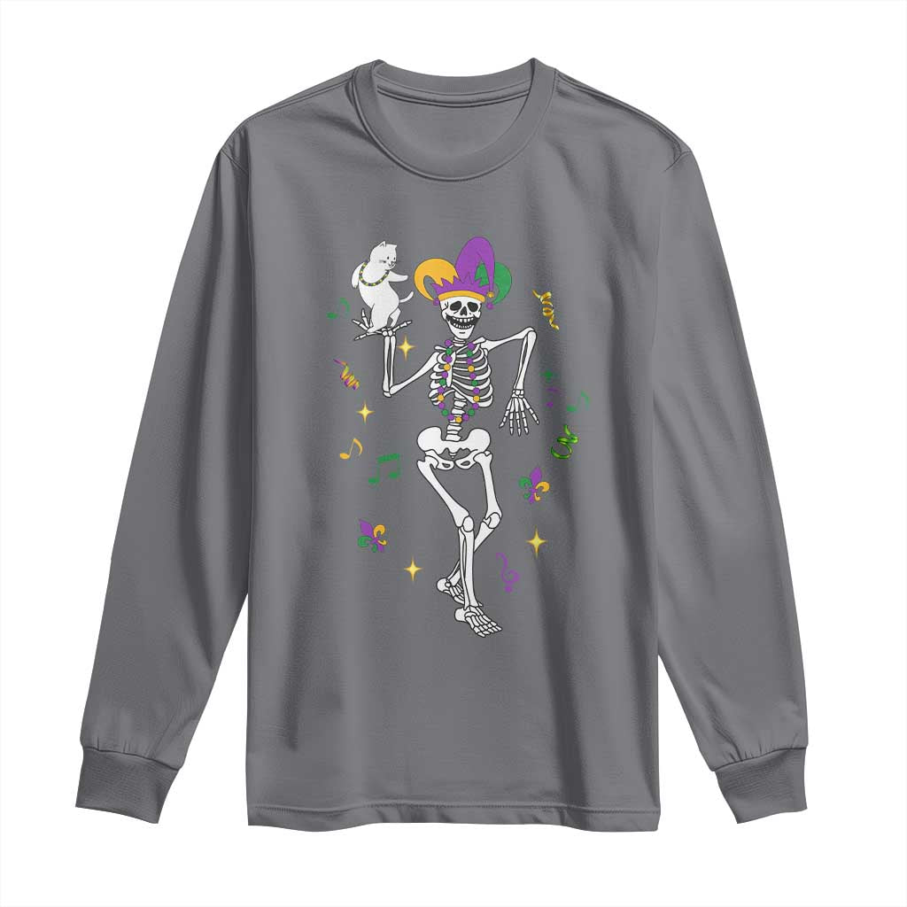 Mardi Gras Funny Jester Skeleton Dancing With Cat Long Sleeve Shirt TS09 Charcoal Print Your Wear