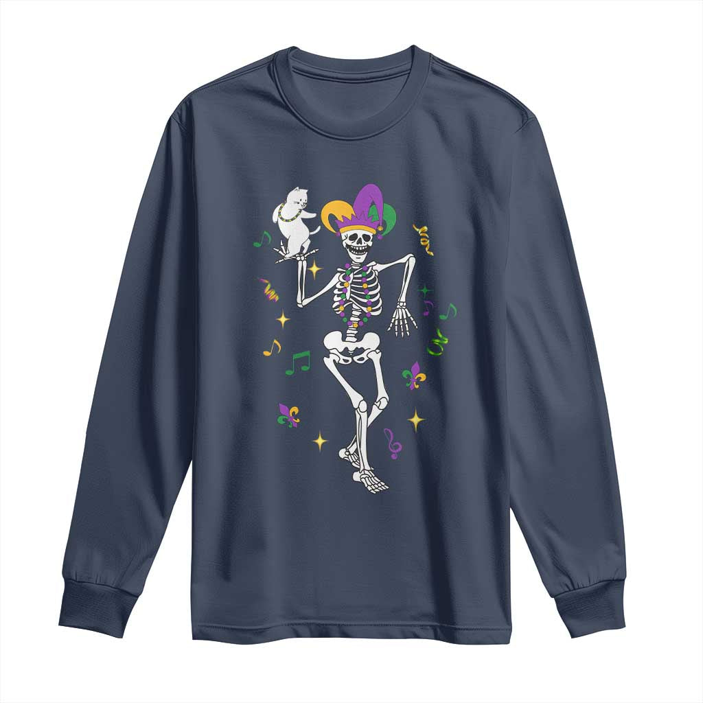 Mardi Gras Funny Jester Skeleton Dancing With Cat Long Sleeve Shirt TS09 Navy Print Your Wear