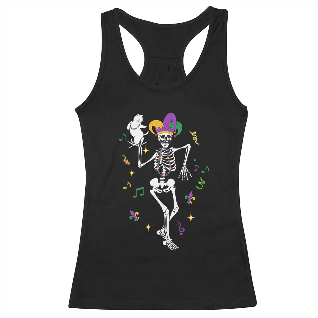 Mardi Gras Funny Jester Skeleton Dancing With Cat Racerback Tank Top TS09 Black Print Your Wear