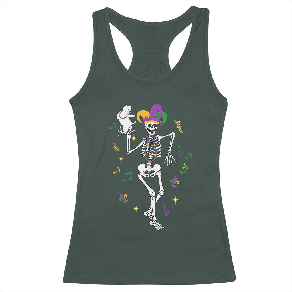 Mardi Gras Funny Jester Skeleton Dancing With Cat Racerback Tank Top TS09 Dark Forest Green Print Your Wear