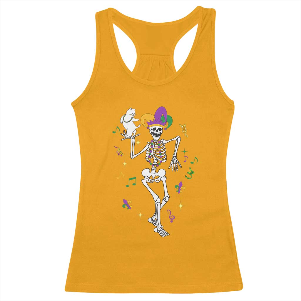 Mardi Gras Funny Jester Skeleton Dancing With Cat Racerback Tank Top TS09 Gold Print Your Wear