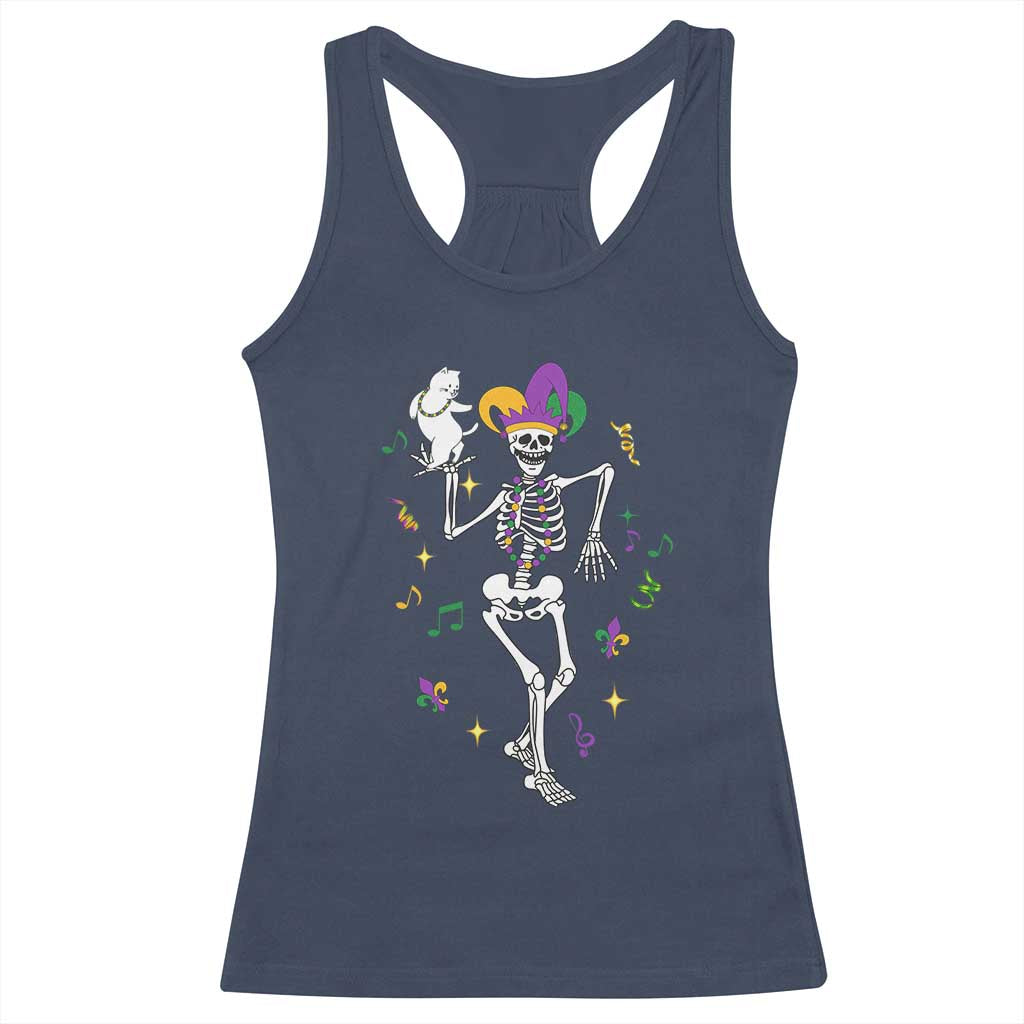 Mardi Gras Funny Jester Skeleton Dancing With Cat Racerback Tank Top TS09 Navy Print Your Wear