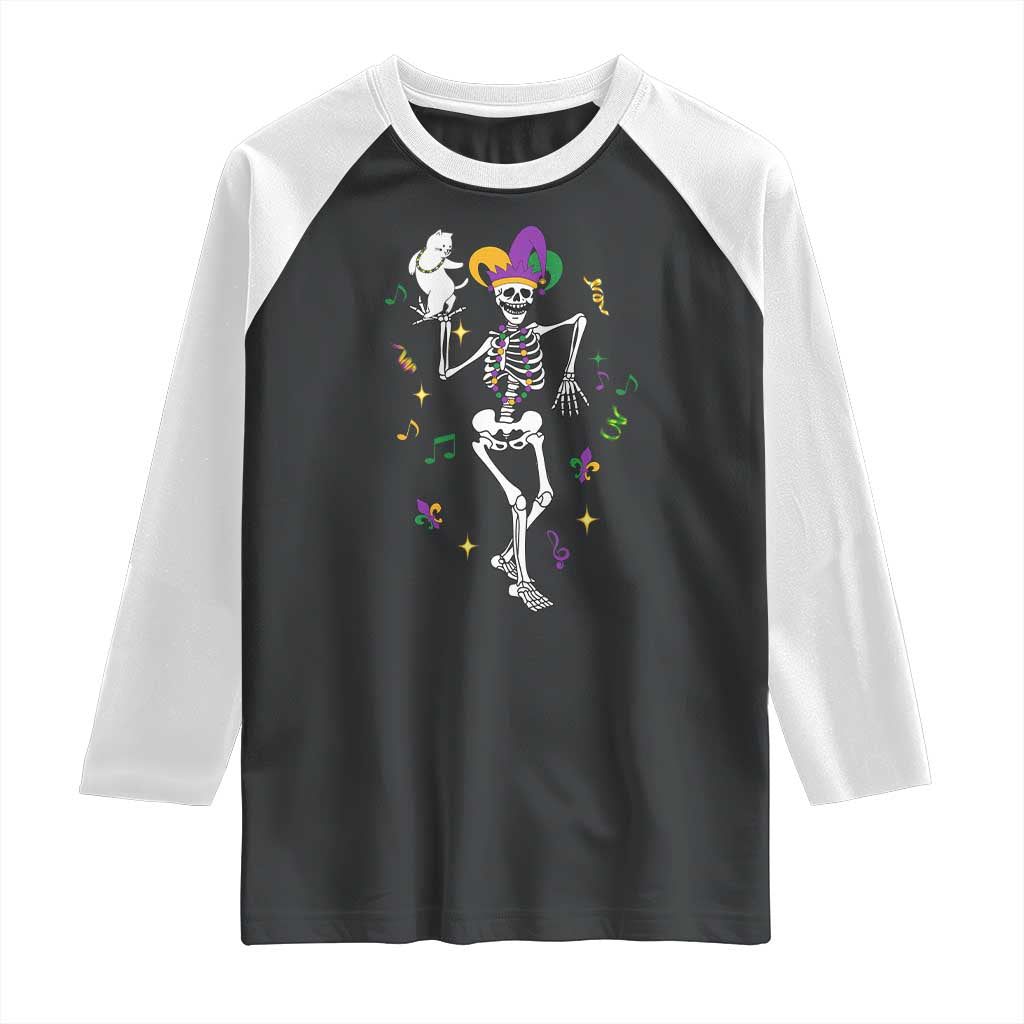 Mardi Gras Funny Jester Skeleton Dancing With Cat Raglan Shirt TS09 Black White Print Your Wear