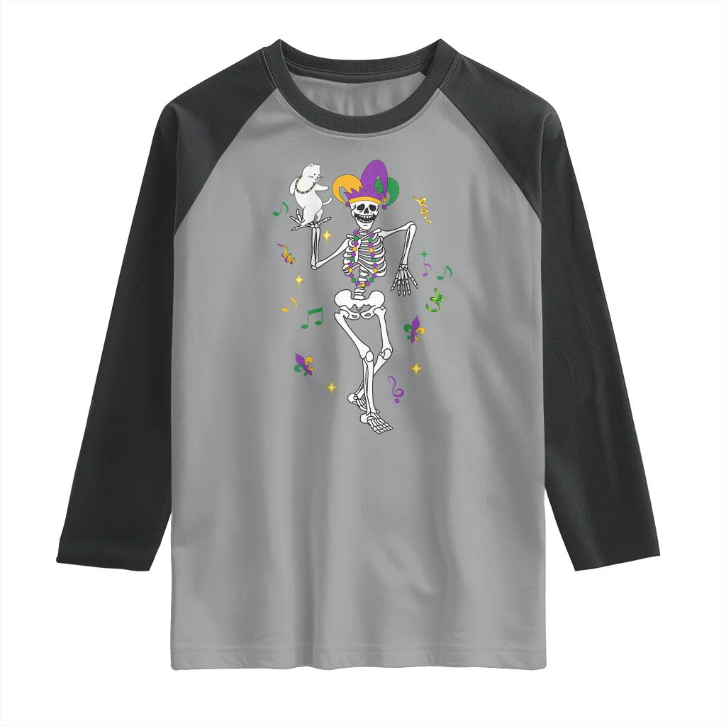 Mardi Gras Funny Jester Skeleton Dancing With Cat Raglan Shirt TS09 Sport Gray Black Print Your Wear