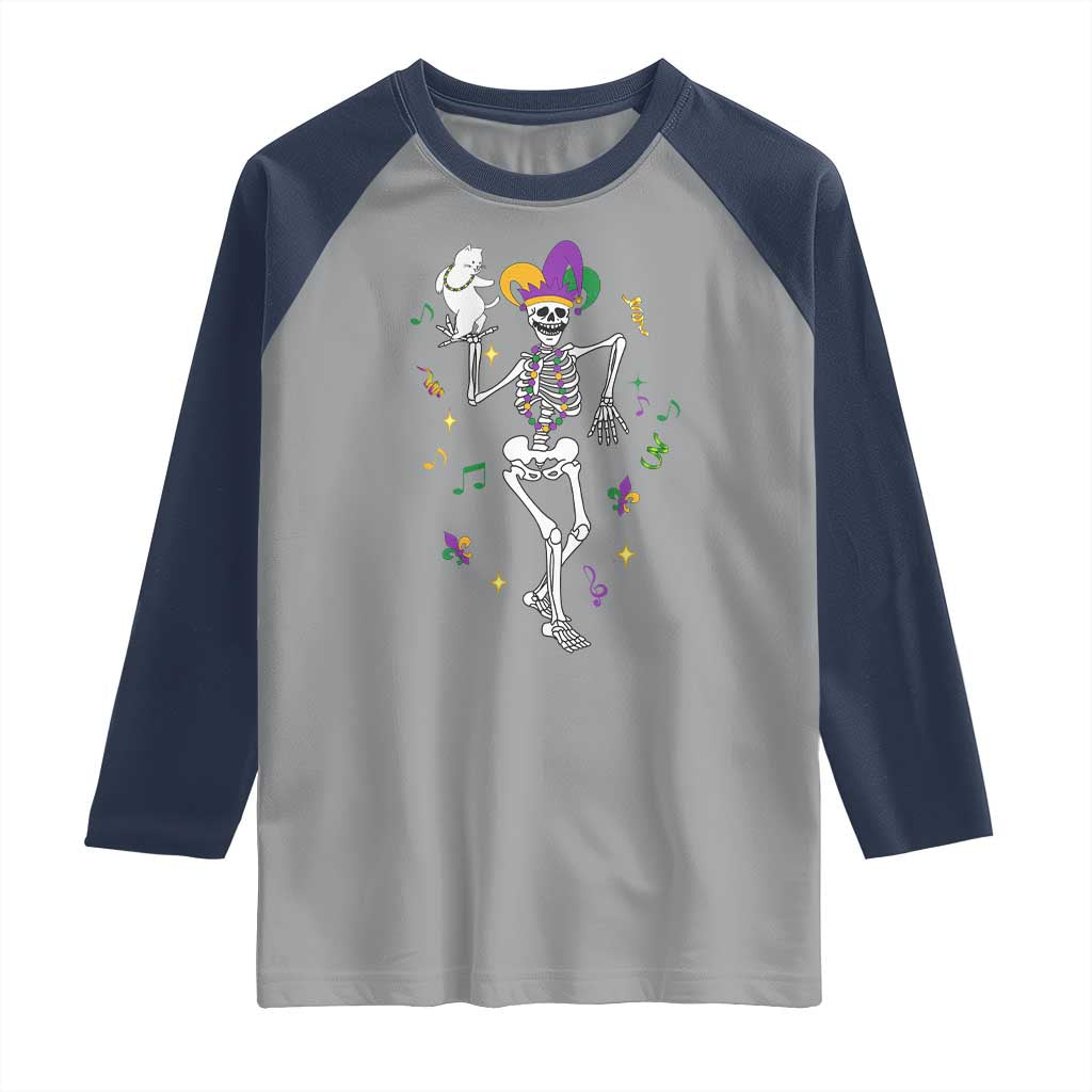 Mardi Gras Funny Jester Skeleton Dancing With Cat Raglan Shirt TS09 Sport Gray Navy Print Your Wear