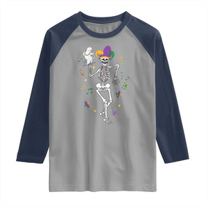 Mardi Gras Funny Jester Skeleton Dancing With Cat Raglan Shirt TS09 Sport Gray Navy Print Your Wear